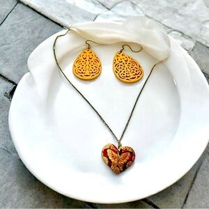 Elegant Gold and Red Heart Necklace and Earring Set